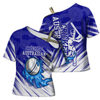 Cricket Australian Cross Shoulder Shirt Blue Fire Ball Graphic With Aboriginal Dot Art Style