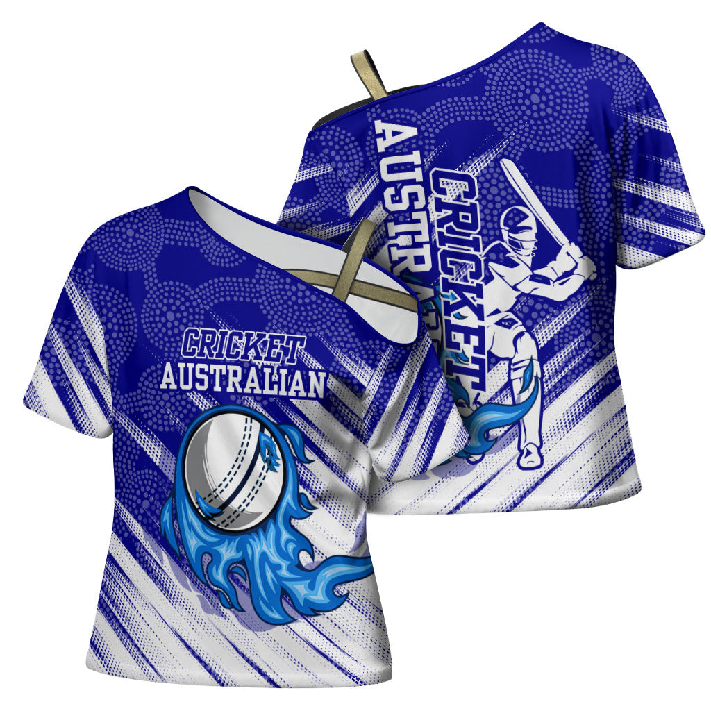 Cricket Australian Cross Shoulder Shirt Blue Fire Ball Graphic With Aboriginal Dot Art Style