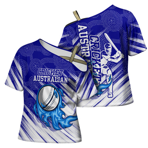 Cricket Australian Cross Shoulder Shirt Blue Fire Ball Graphic With Aboriginal Dot Art Style