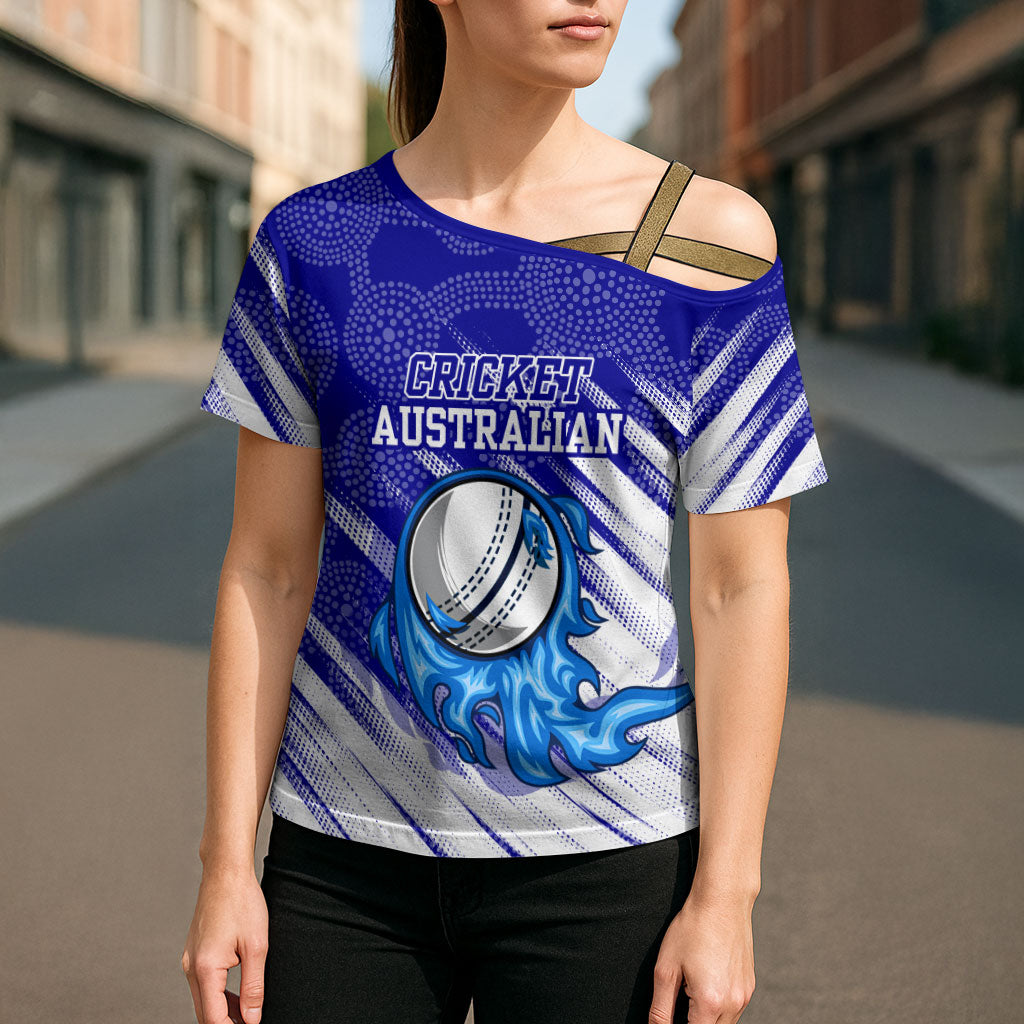 Cricket Australian Cross Shoulder Shirt Blue Fire Ball Graphic With Aboriginal Dot Art Style