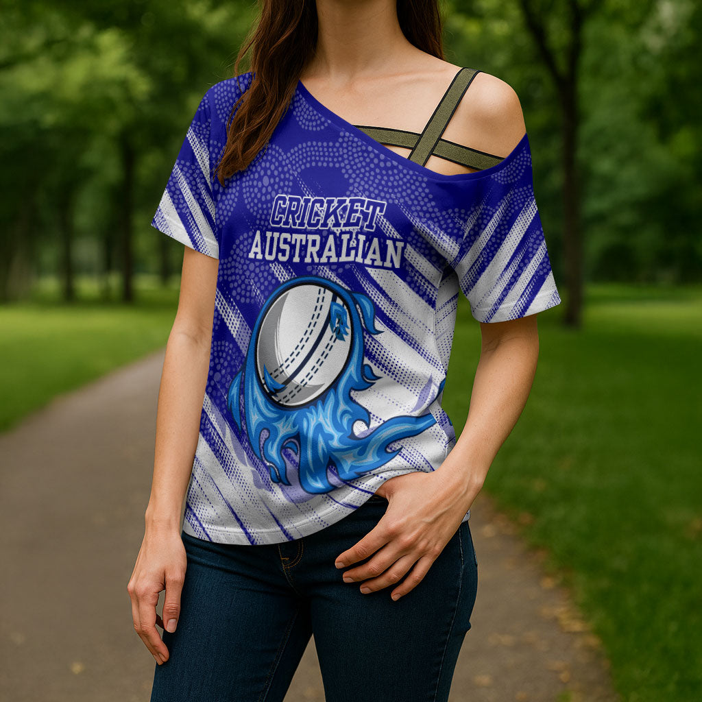 Cricket Australian Cross Shoulder Shirt Blue Fire Ball Graphic With Aboriginal Dot Art Style
