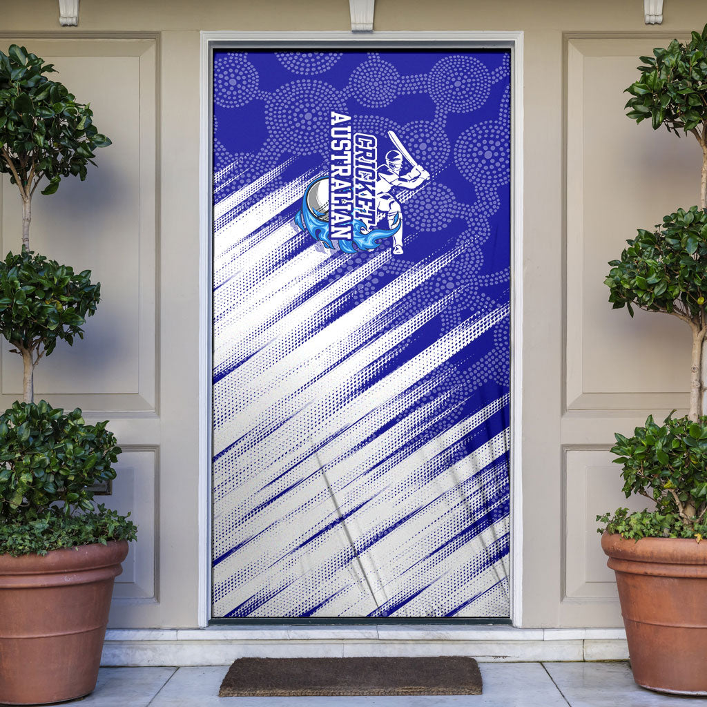 Cricket Australian Door Cover Blue Fire Ball Graphic With Aboriginal Dot Art Style