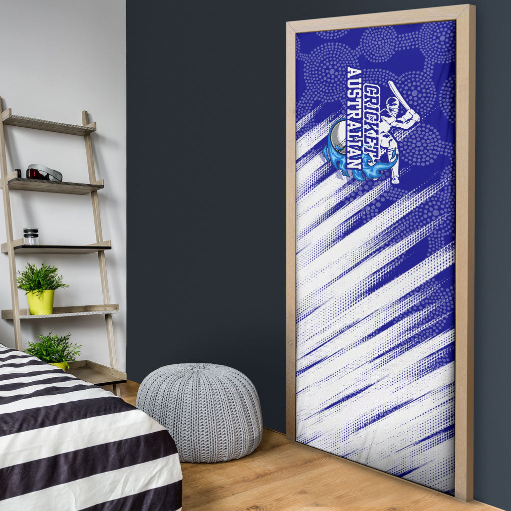 Cricket Australian Door Cover Blue Fire Ball Graphic With Aboriginal Dot Art Style