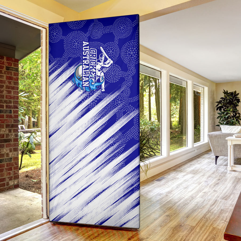 Cricket Australian Door Cover Blue Fire Ball Graphic With Aboriginal Dot Art Style