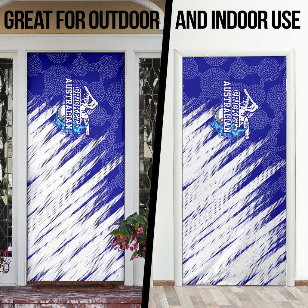 Cricket Australian Door Cover Blue Fire Ball Graphic With Aboriginal Dot Art Style