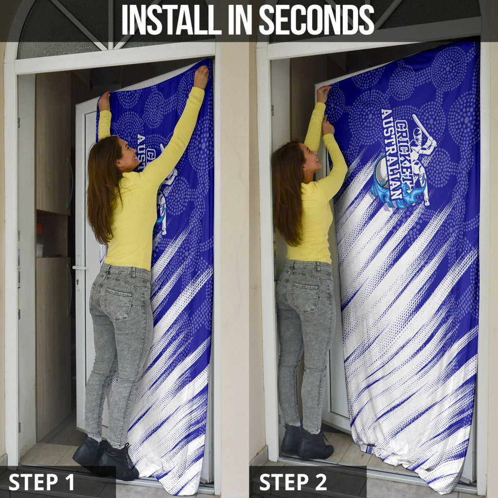 Cricket Australian Door Cover Blue Fire Ball Graphic With Aboriginal Dot Art Style