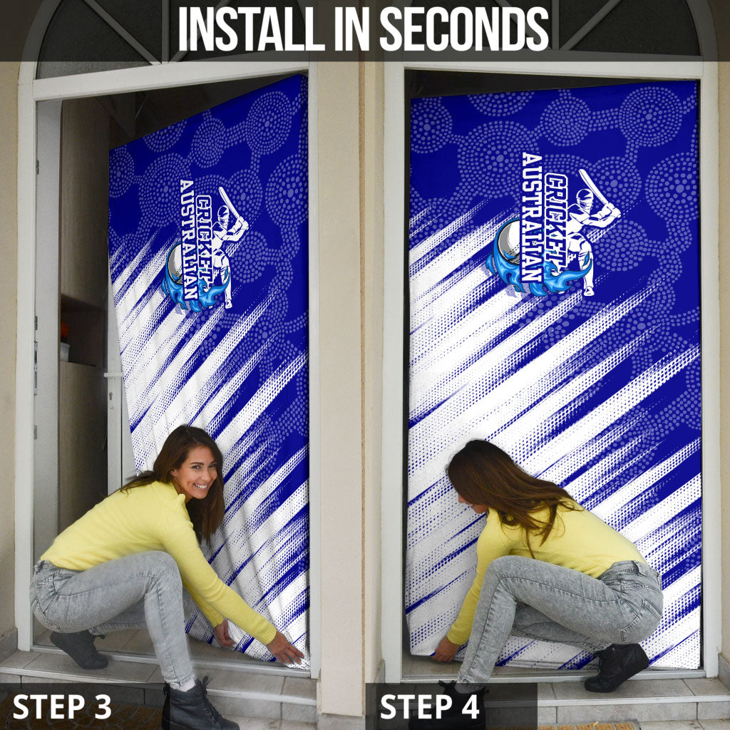 Cricket Australian Door Cover Blue Fire Ball Graphic With Aboriginal Dot Art Style