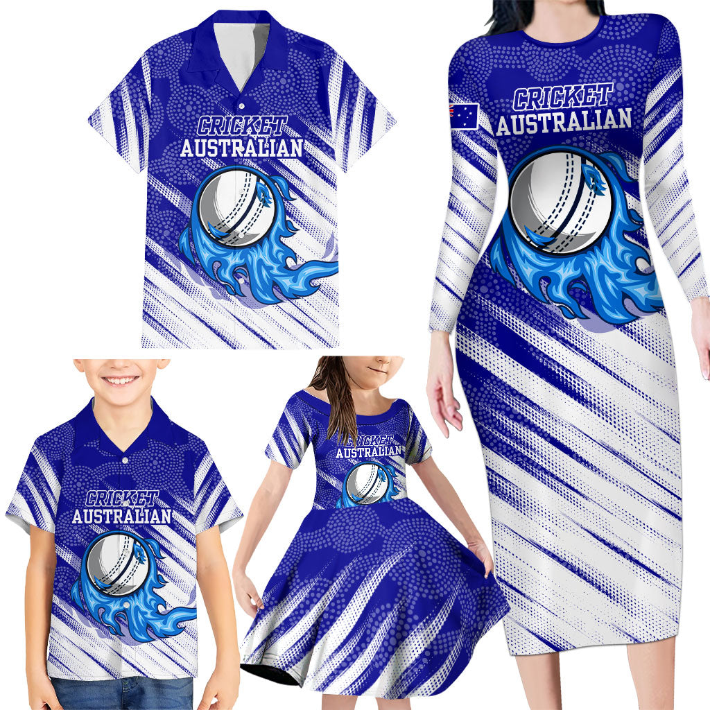 Cricket Australian Family Matching Long Sleeve Bodycon Dress and Hawaiian Shirt Blue Fire Ball Graphic With Aboriginal Dot Art Style