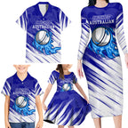 Cricket Australian Family Matching Long Sleeve Bodycon Dress and Hawaiian Shirt Blue Fire Ball Graphic With Aboriginal Dot Art Style