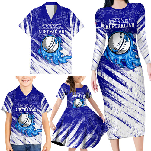 Cricket Australian Family Matching Long Sleeve Bodycon Dress and Hawaiian Shirt Blue Fire Ball Graphic With Aboriginal Dot Art Style