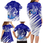 Cricket Australian Family Matching Long Sleeve Bodycon Dress and Hawaiian Shirt Blue Fire Ball Graphic With Aboriginal Dot Art Style