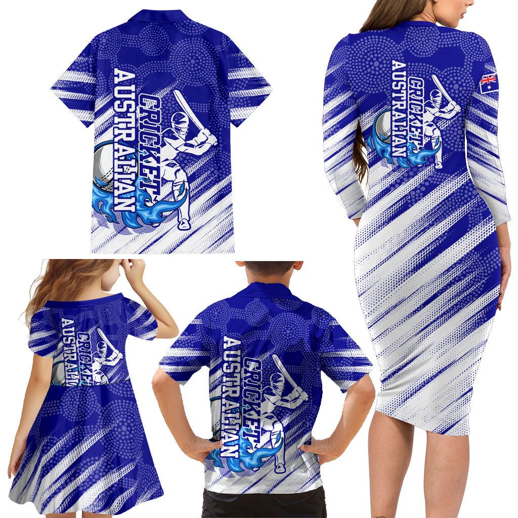Cricket Australian Family Matching Long Sleeve Bodycon Dress and Hawaiian Shirt Blue Fire Ball Graphic With Aboriginal Dot Art Style
