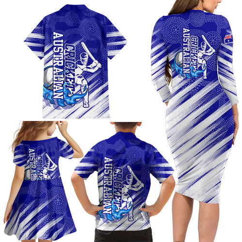 Cricket Australian Family Matching Long Sleeve Bodycon Dress and Hawaiian Shirt Blue Fire Ball Graphic With Aboriginal Dot Art Style