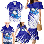 Cricket Australian Family Matching Mermaid Dress and Hawaiian Shirt Blue Fire Ball Graphic With Aboriginal Dot Art Style