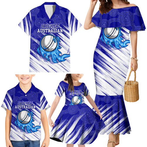 Cricket Australian Family Matching Mermaid Dress and Hawaiian Shirt Blue Fire Ball Graphic With Aboriginal Dot Art Style