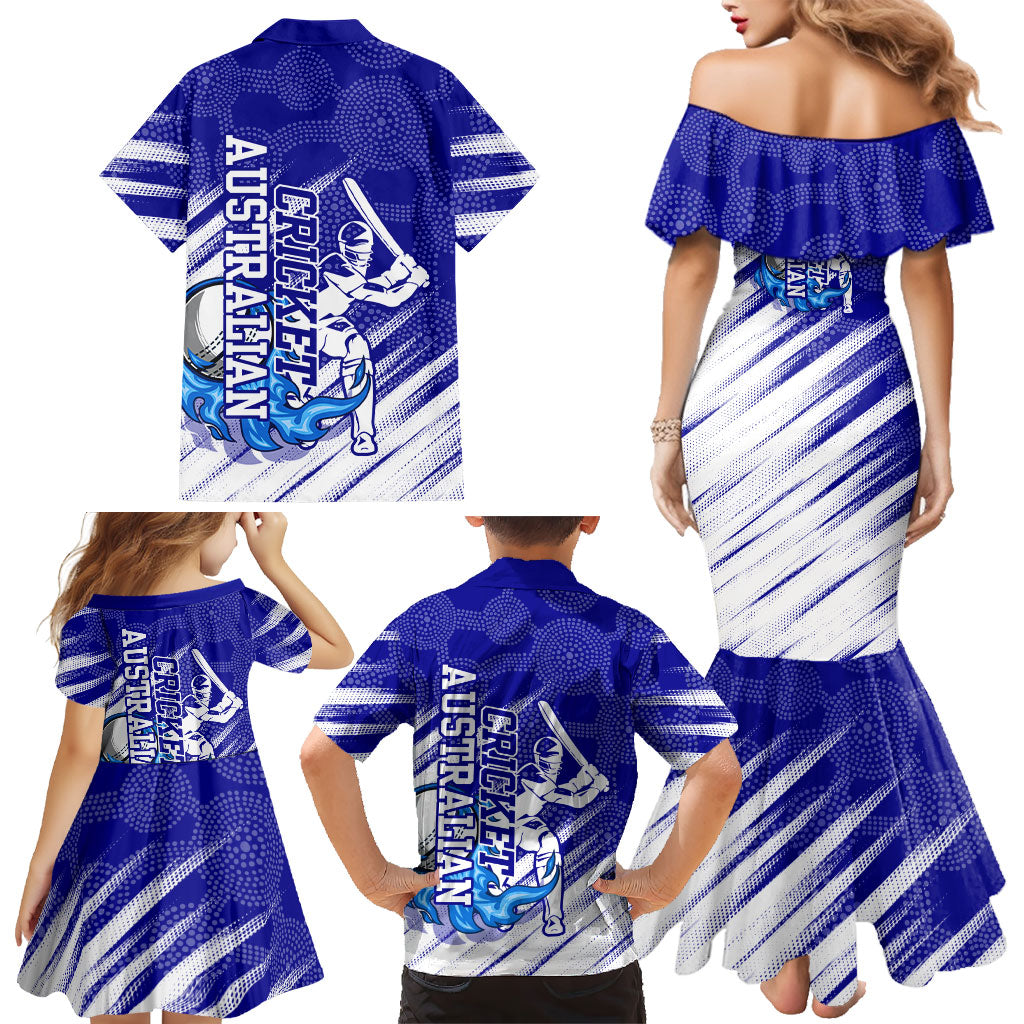 Cricket Australian Family Matching Mermaid Dress and Hawaiian Shirt Blue Fire Ball Graphic With Aboriginal Dot Art Style