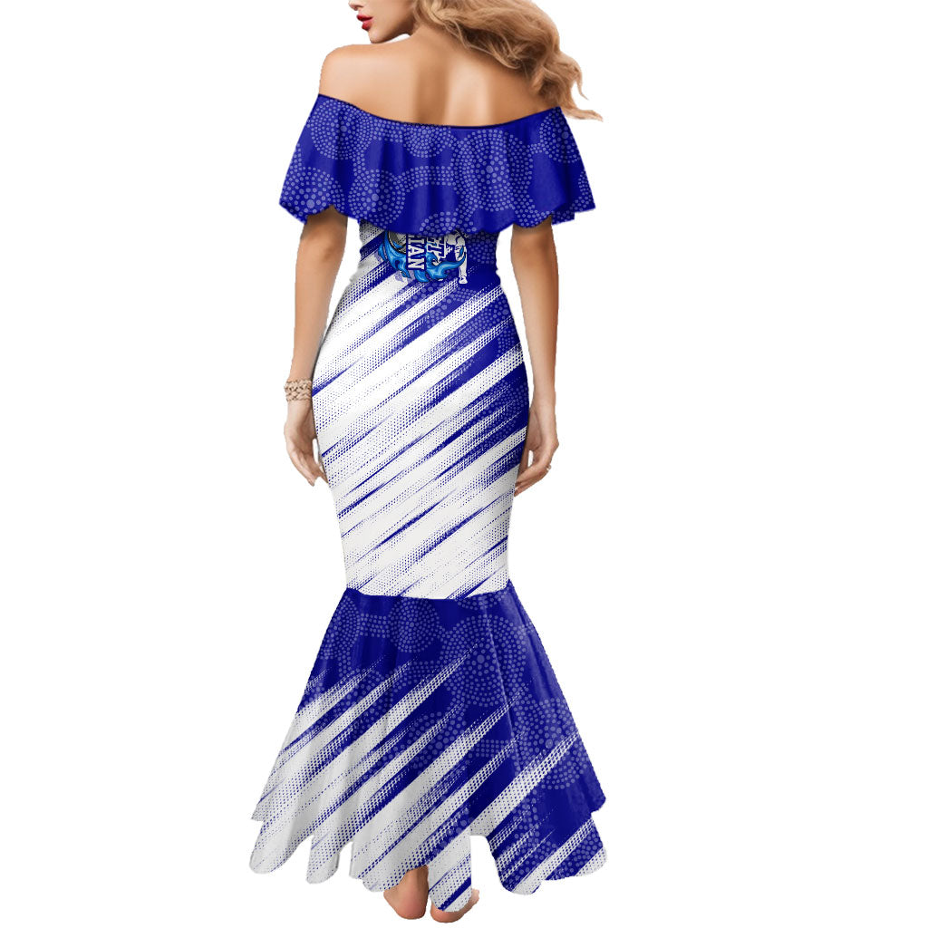 Cricket Australian Family Matching Mermaid Dress and Hawaiian Shirt Blue Fire Ball Graphic With Aboriginal Dot Art Style