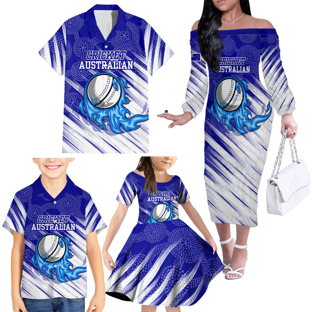 Cricket Australian Family Matching Off The Shoulder Long Sleeve Dress and Hawaiian Shirt Blue Fire Ball Graphic With Aboriginal Dot Art Style