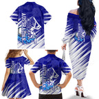 Cricket Australian Family Matching Off The Shoulder Long Sleeve Dress and Hawaiian Shirt Blue Fire Ball Graphic With Aboriginal Dot Art Style
