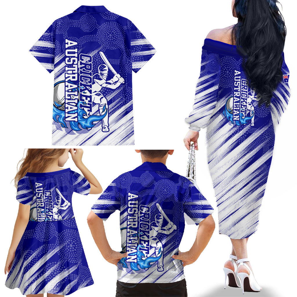 Cricket Australian Family Matching Off The Shoulder Long Sleeve Dress and Hawaiian Shirt Blue Fire Ball Graphic With Aboriginal Dot Art Style
