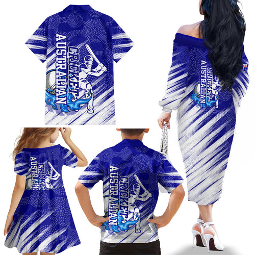 Cricket Australian Family Matching Off The Shoulder Long Sleeve Dress and Hawaiian Shirt Blue Fire Ball Graphic With Aboriginal Dot Art Style