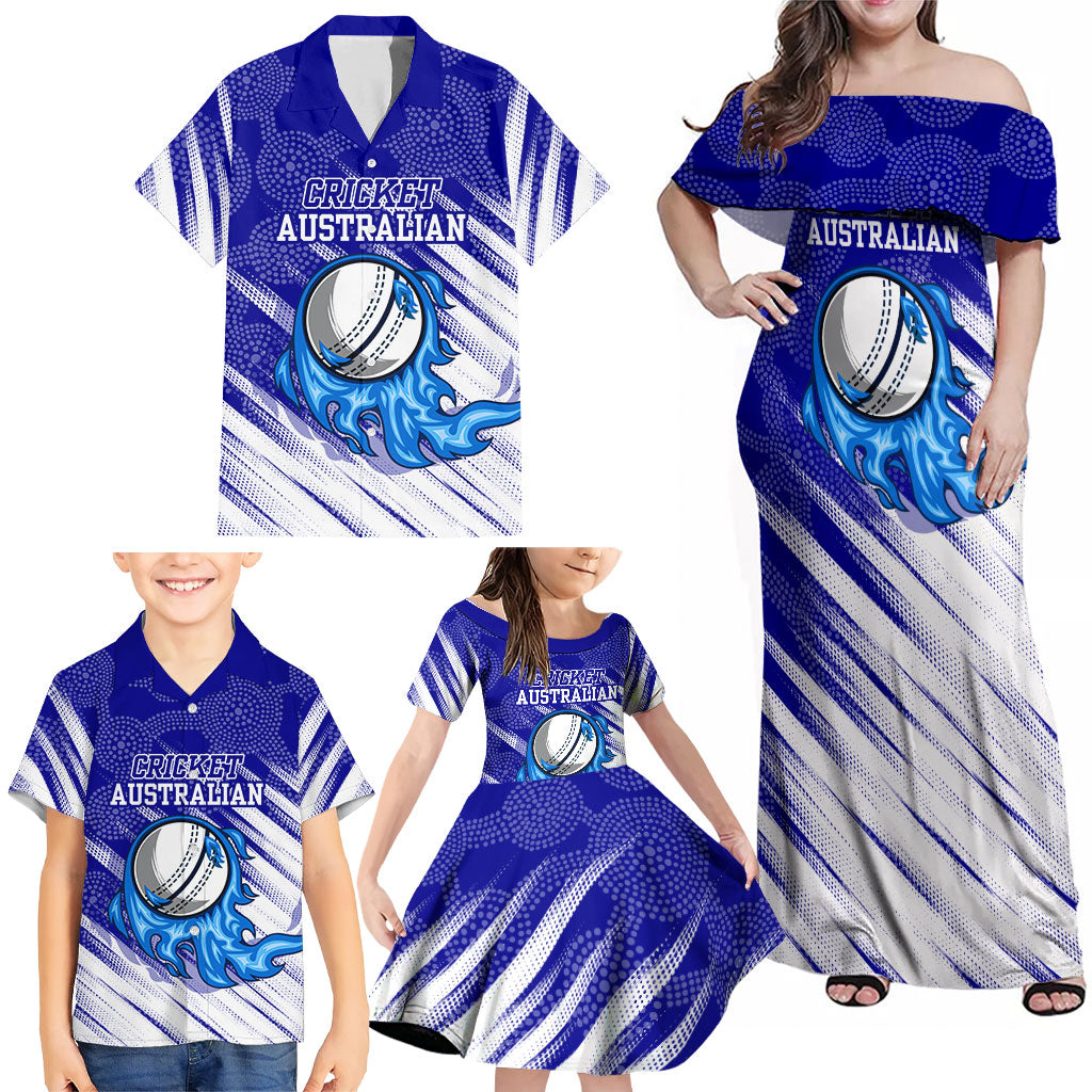 Cricket Australian Family Matching Off Shoulder Maxi Dress and Hawaiian Shirt Blue Fire Ball Graphic With Aboriginal Dot Art Style