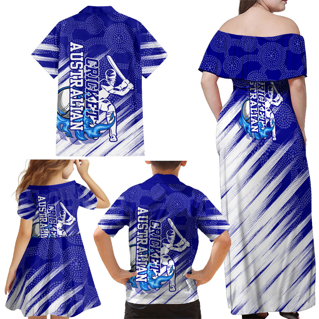 Cricket Australian Family Matching Off Shoulder Maxi Dress and Hawaiian Shirt Blue Fire Ball Graphic With Aboriginal Dot Art Style
