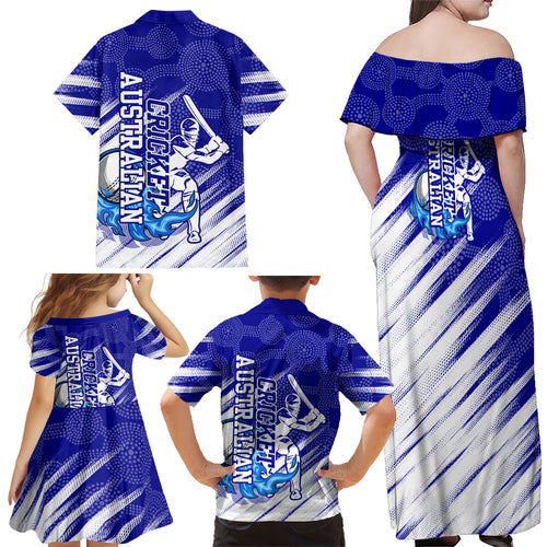 Cricket Australian Family Matching Off Shoulder Maxi Dress and Hawaiian Shirt Blue Fire Ball Graphic With Aboriginal Dot Art Style