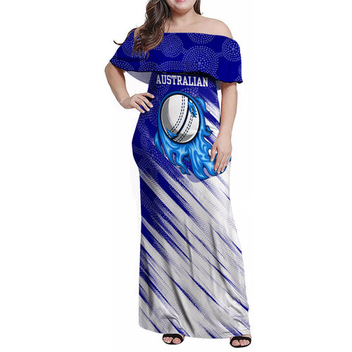 Cricket Australian Family Matching Off Shoulder Maxi Dress and Hawaiian Shirt Blue Fire Ball Graphic With Aboriginal Dot Art Style