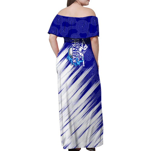 Cricket Australian Family Matching Off Shoulder Maxi Dress and Hawaiian Shirt Blue Fire Ball Graphic With Aboriginal Dot Art Style