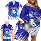 Cricket Australian Family Matching Off Shoulder Short Dress and Hawaiian Shirt Blue Fire Ball Graphic With Aboriginal Dot Art Style
