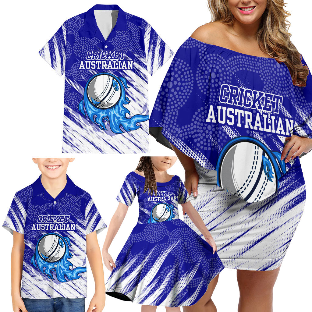Cricket Australian Family Matching Off Shoulder Short Dress and Hawaiian Shirt Blue Fire Ball Graphic With Aboriginal Dot Art Style