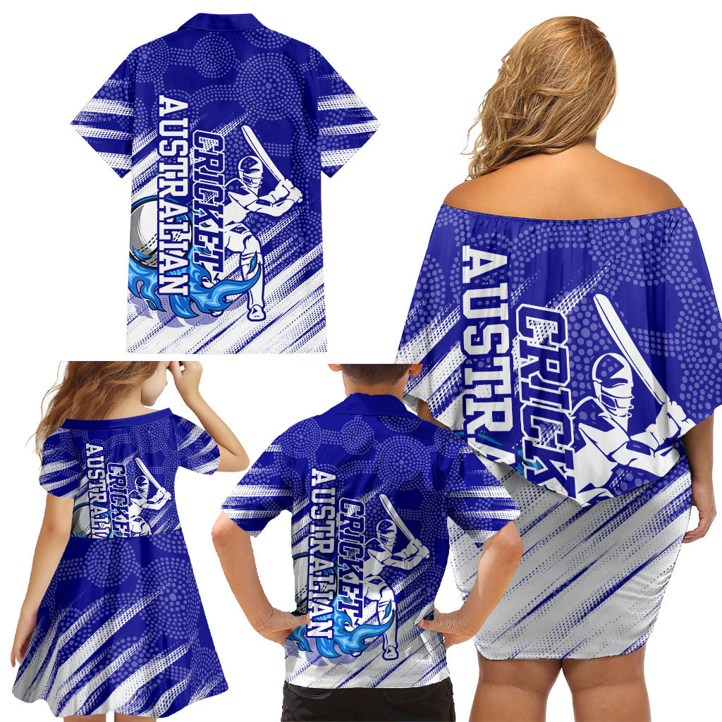 Cricket Australian Family Matching Off Shoulder Short Dress and Hawaiian Shirt Blue Fire Ball Graphic With Aboriginal Dot Art Style