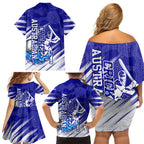 Cricket Australian Family Matching Off Shoulder Short Dress and Hawaiian Shirt Blue Fire Ball Graphic With Aboriginal Dot Art Style