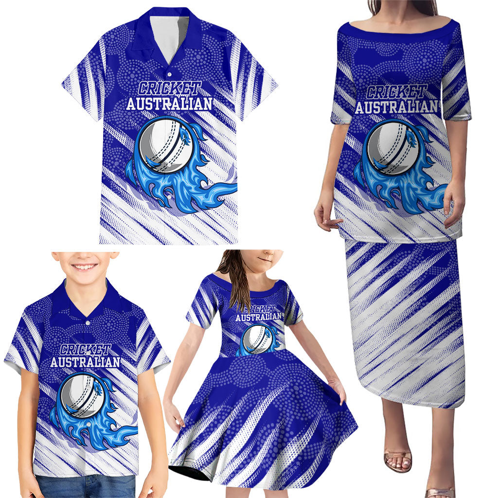 Cricket Australian Family Matching Puletasi and Hawaiian Shirt Blue Fire Ball Graphic With Aboriginal Dot Art Style