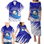 Cricket Australian Family Matching Puletasi and Hawaiian Shirt Blue Fire Ball Graphic With Aboriginal Dot Art Style