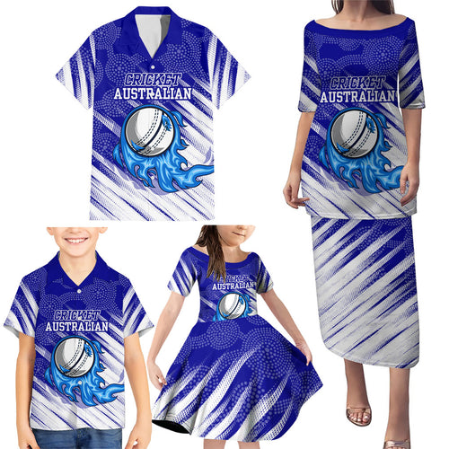 Cricket Australian Family Matching Puletasi and Hawaiian Shirt Blue Fire Ball Graphic With Aboriginal Dot Art Style