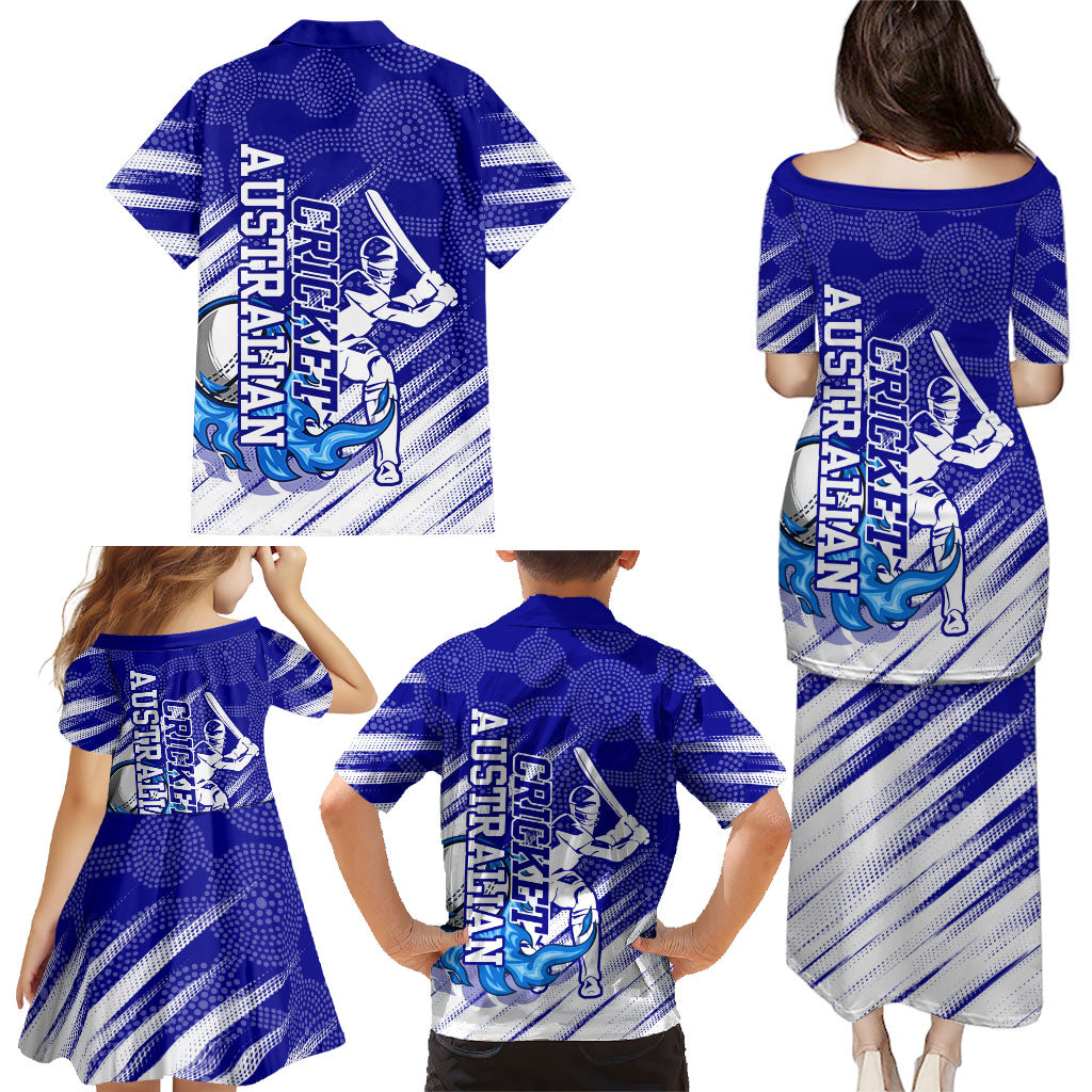 Cricket Australian Family Matching Puletasi and Hawaiian Shirt Blue Fire Ball Graphic With Aboriginal Dot Art Style