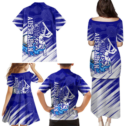 Cricket Australian Family Matching Puletasi and Hawaiian Shirt Blue Fire Ball Graphic With Aboriginal Dot Art Style