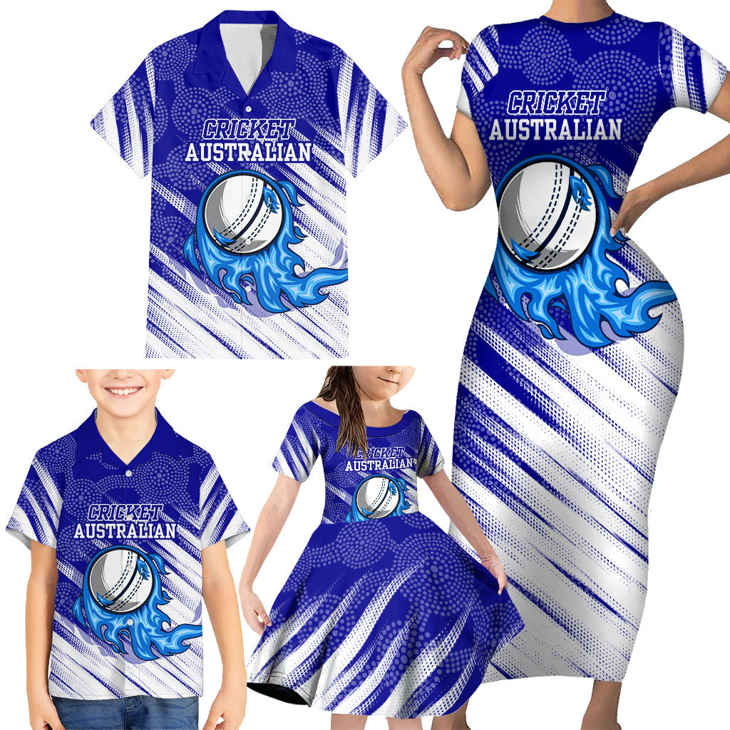 Cricket Australian Family Matching Short Sleeve Bodycon Dress and Hawaiian Shirt Blue Fire Ball Graphic With Aboriginal Dot Art Style