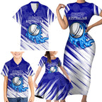 Cricket Australian Family Matching Short Sleeve Bodycon Dress and Hawaiian Shirt Blue Fire Ball Graphic With Aboriginal Dot Art Style