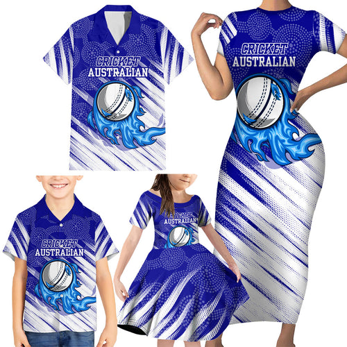 Cricket Australian Family Matching Short Sleeve Bodycon Dress and Hawaiian Shirt Blue Fire Ball Graphic With Aboriginal Dot Art Style