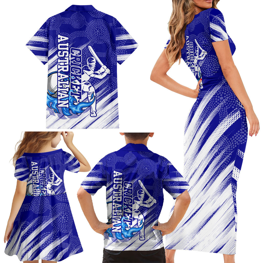 Cricket Australian Family Matching Short Sleeve Bodycon Dress and Hawaiian Shirt Blue Fire Ball Graphic With Aboriginal Dot Art Style