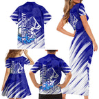 Cricket Australian Family Matching Short Sleeve Bodycon Dress and Hawaiian Shirt Blue Fire Ball Graphic With Aboriginal Dot Art Style