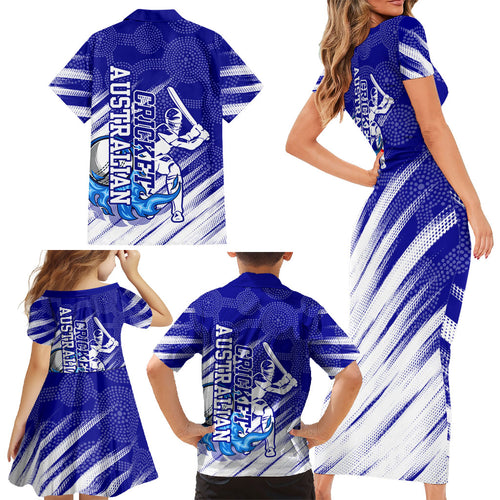 Cricket Australian Family Matching Short Sleeve Bodycon Dress and Hawaiian Shirt Blue Fire Ball Graphic With Aboriginal Dot Art Style