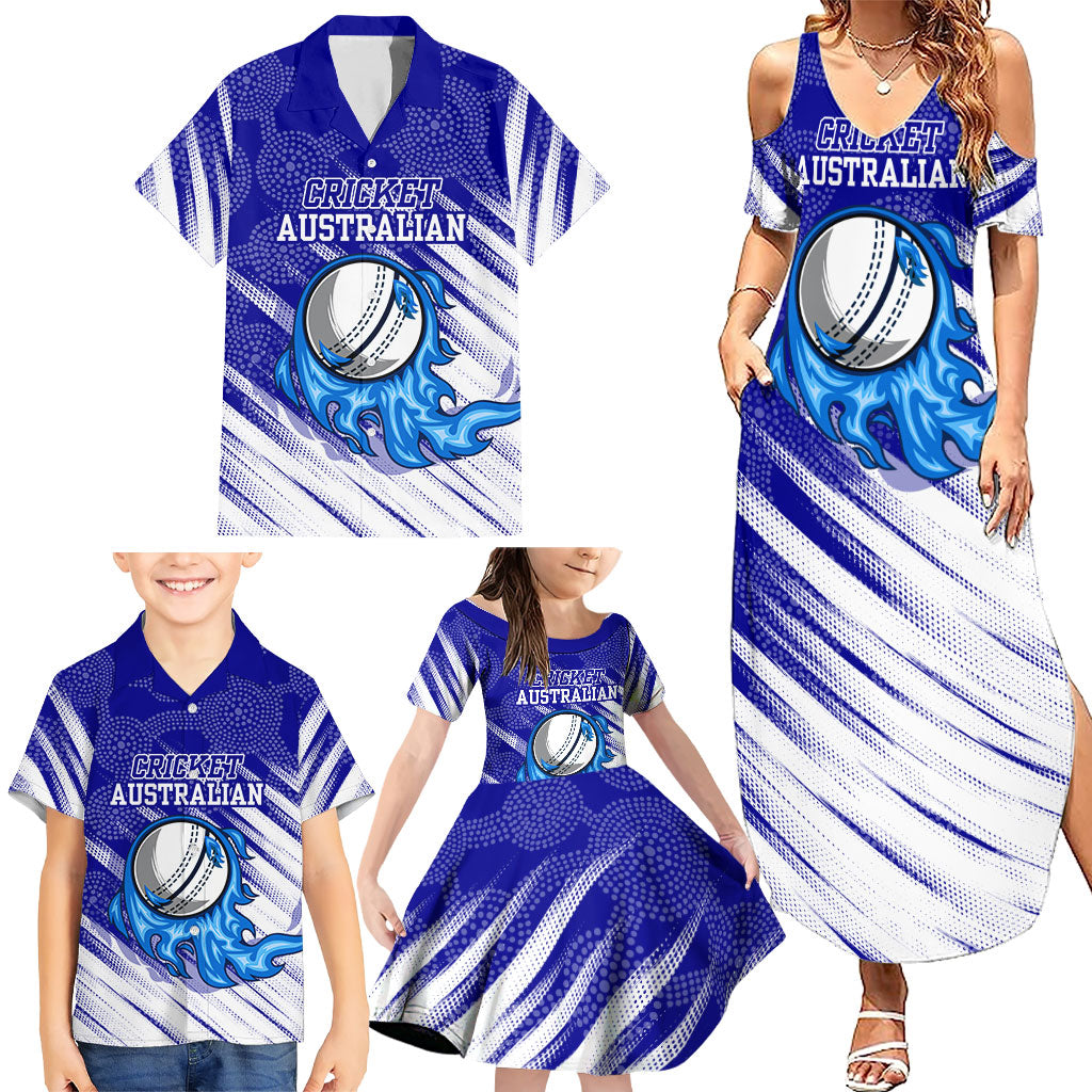 Cricket Australian Family Matching Summer Maxi Dress and Hawaiian Shirt Blue Fire Ball Graphic With Aboriginal Dot Art Style