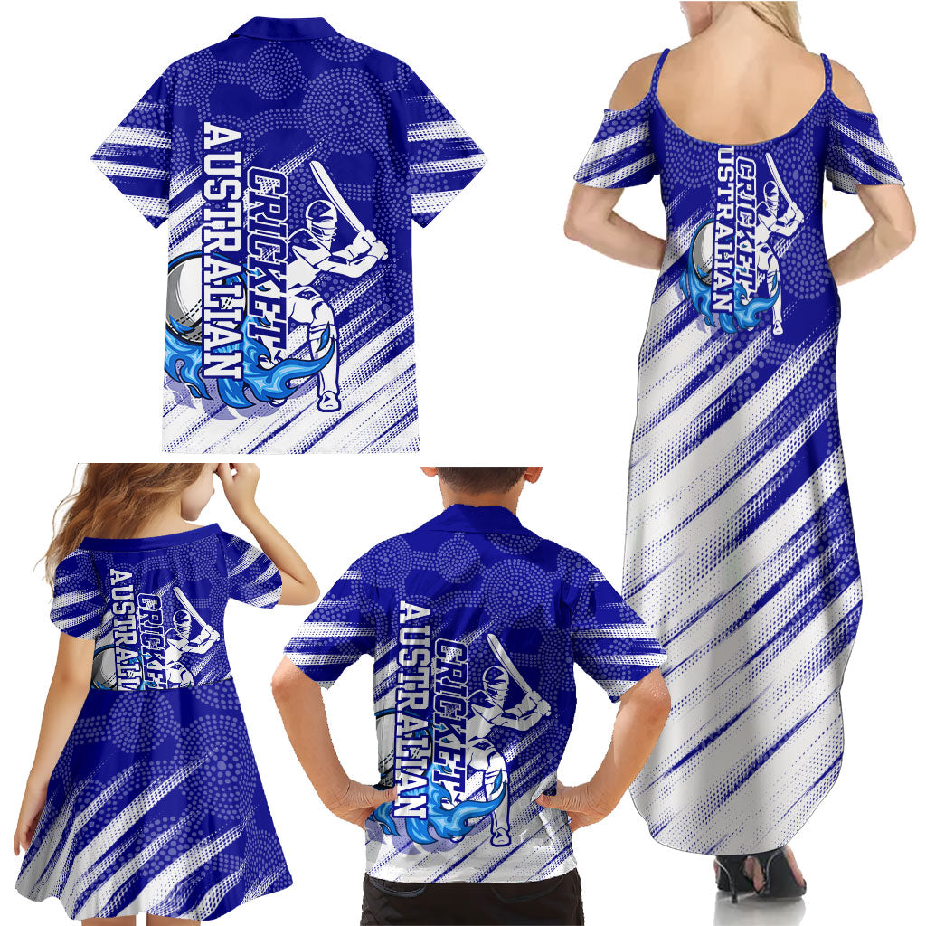 Cricket Australian Family Matching Summer Maxi Dress and Hawaiian Shirt Blue Fire Ball Graphic With Aboriginal Dot Art Style