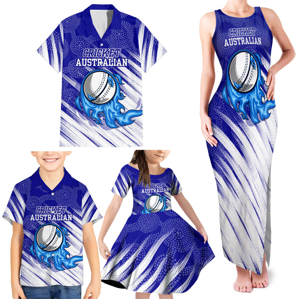 Cricket Australian Family Matching Tank Maxi Dress and Hawaiian Shirt Blue Fire Ball Graphic With Aboriginal Dot Art Style