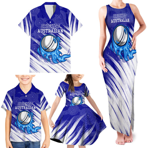 Cricket Australian Family Matching Tank Maxi Dress and Hawaiian Shirt Blue Fire Ball Graphic With Aboriginal Dot Art Style