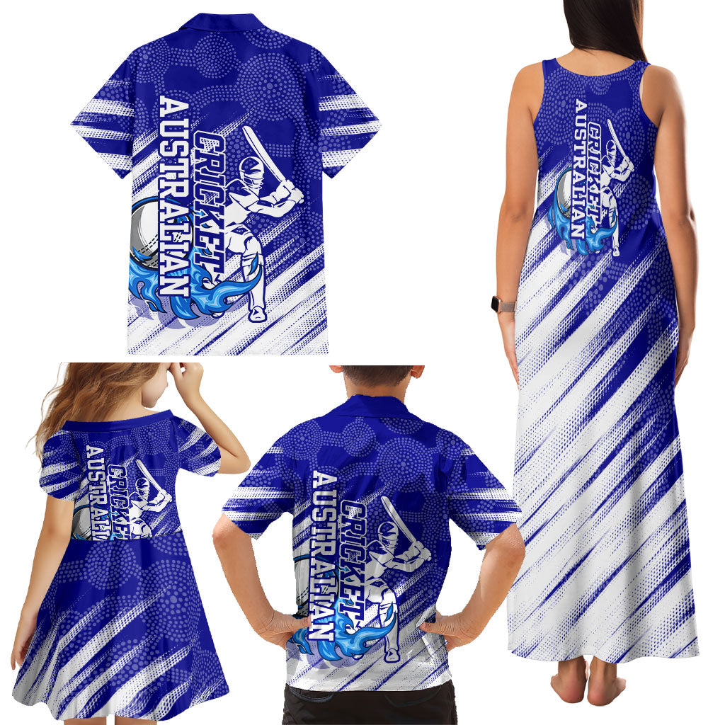 Cricket Australian Family Matching Tank Maxi Dress and Hawaiian Shirt Blue Fire Ball Graphic With Aboriginal Dot Art Style